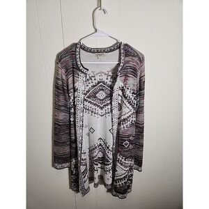 One World Women's Cardigan Aztec Print Multicolor Sz Med